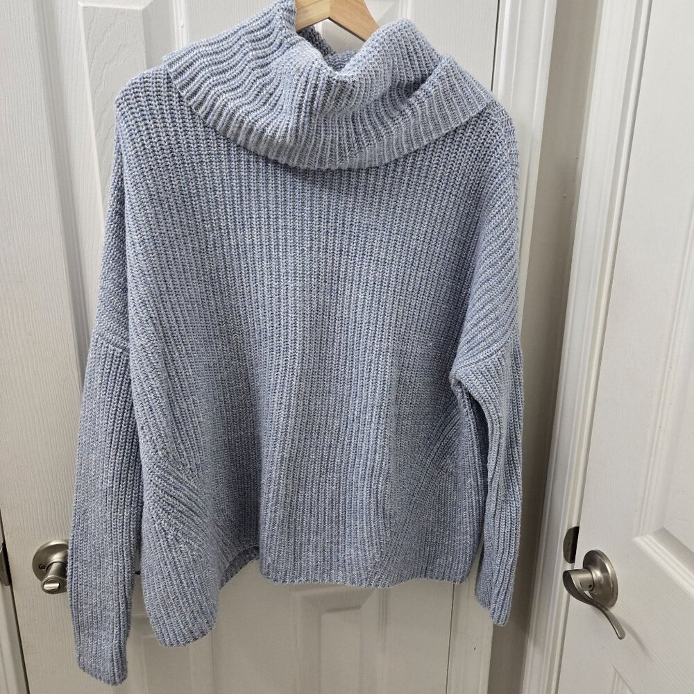 Lou & Grey Sweater XS/S Blue Ribbed Knit Cotton Wool Blend Turtleneck‎ Chunky